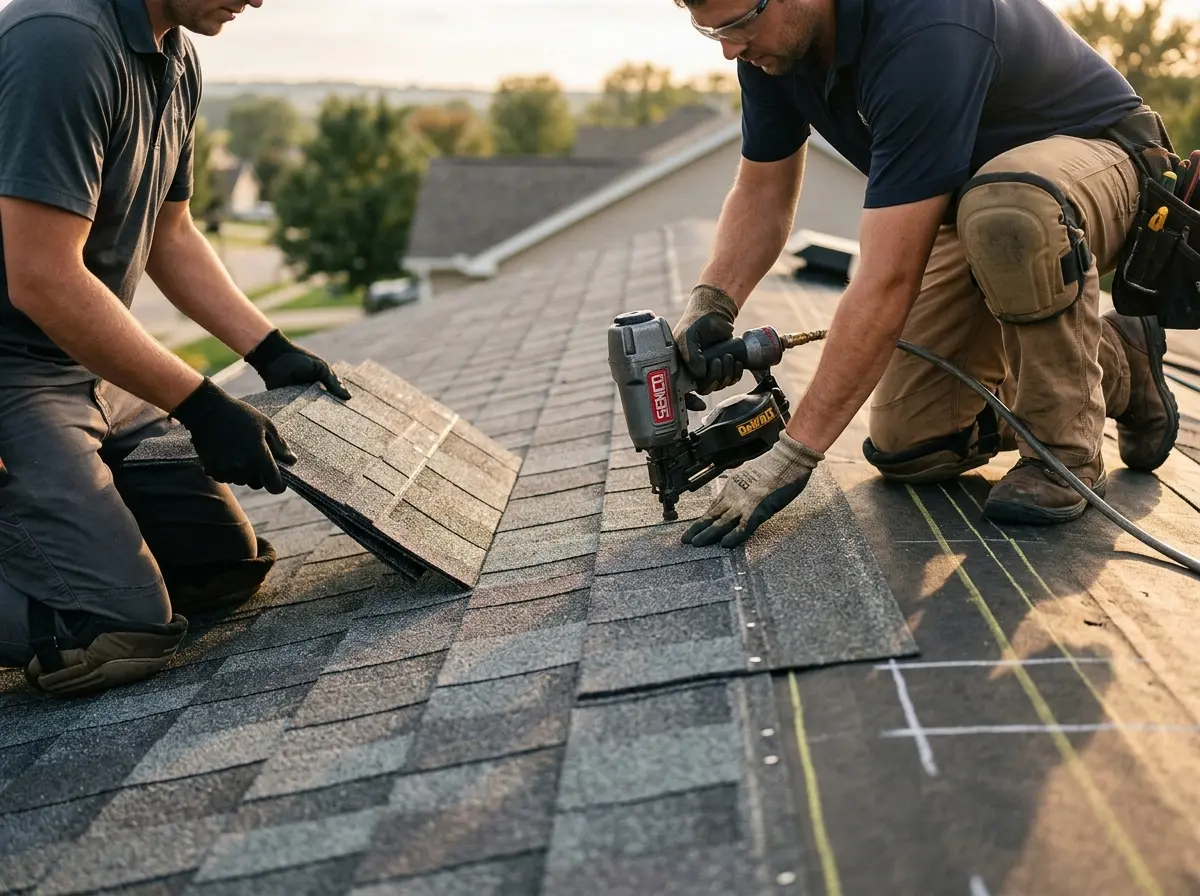 Professional roofer working on a residential roof in Westbury